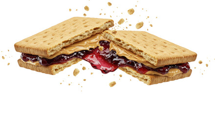 Close Up View Of Peanut Butter Jelly Sandwich With Crumb And Transparent Background