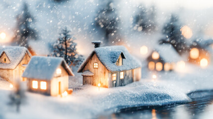 Fototapeta premium Snow-covered miniature houses with warm glowing lights create a cozy winter scene, surrounded by falling snowflakes and serene atmosphere