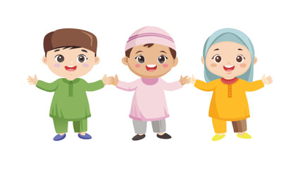Muslim kids cartoon illustration celebrating eid al fitr ramadan kareem islamic culture tradition happy children