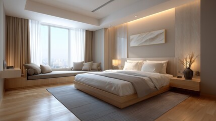 Fototapeta premium Modern minimalist hotel room with large bed, beige walls and curtains, wide-angle view, soft lighting and warm tones creating elegant and comfortable interior atmosphere