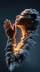 Praying figure with textured face and light source