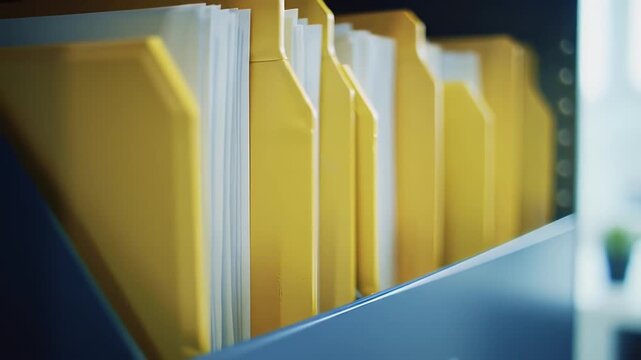 Arrangement of Yellow and White File Folders on a Metal Shelf in Front of a Window