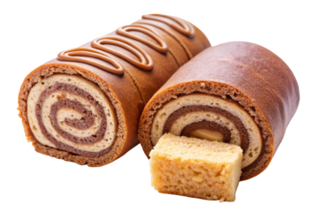 Sponge cake roll with chocolate cream isolated on white
