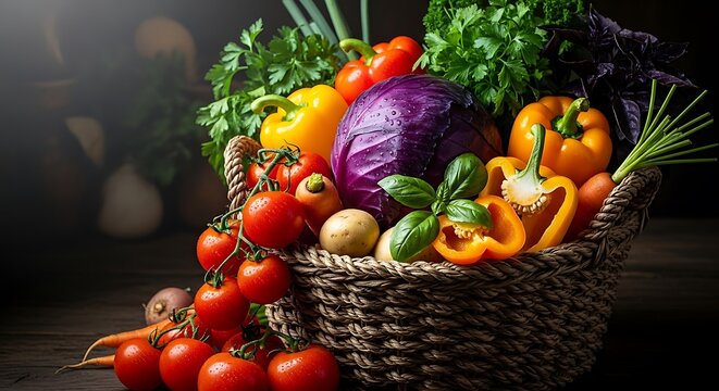 Fresh Vegetables in a Rustic Basket Displaying the Bounty of the Harvest Season with a Variety of Colors and Textures