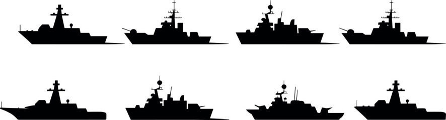 Warship silhouette vector set, naval fleet illustration, military ship graphic, ocean defense template, maritime combat icon, Adobe Stock content © Hey There