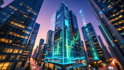 Obraz premium Futuristic Cityscape with Glowing Financial Data Visualizations and Modern Architecture for Business and Innovation Concepts