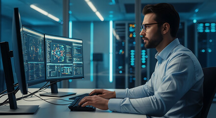 Focused programmer analyzing complex data on multiple monitors in a modern, high-tech server room