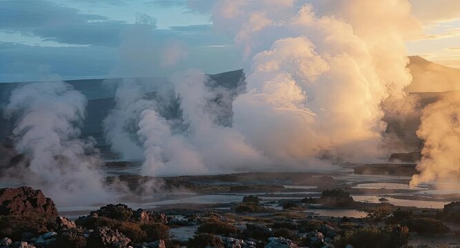 Steam rises from geothermal hot springs at sunrise, casting golden light across a rugged volcanic landscape under a soft blue sky – AI Generated Digital Art