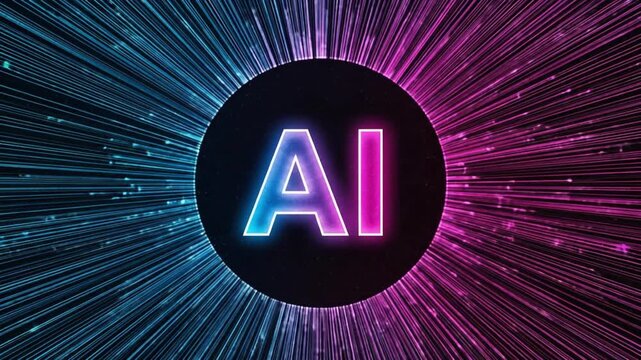 The letters ai glowing in neon blue and pink within a dark circle, surrounded by abstract light streaks, representing the power and future of artificial intelligence technology