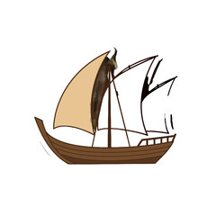 Obraz premium Illustration of a sailing ship with unique sails and a brown wooden hull against a clean white backdrop, evoking maritime adventures and nautical themes.