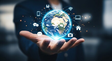 Person holding a glowing digital earth with network icons.