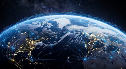 Obraz premium Global Network Connection from Space representing connectivity and communication across the world highlighting international business and digital infrastructure technology concept