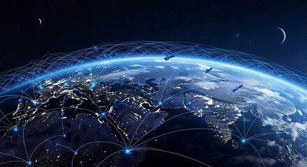 Global network connections represented over planet Earth with satellites and city lights showing modern communication infrastructure
