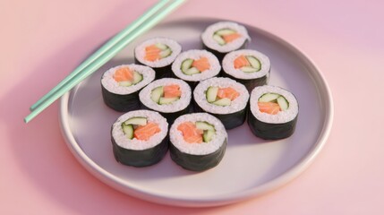 The delectable sushi rolls arranged beautifully on a plate.