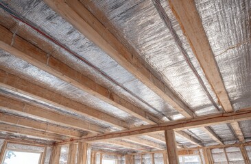 Obraz premium Interior view of wooden beams and insulation