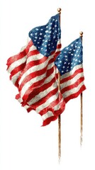 Two American flags waving gently against a white background, symbolizing patriotism and national pride during a celebration