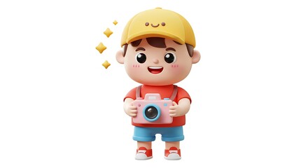 Obraz premium Boy Holding Camera Smiling with Cap and Stars