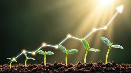 A series of young plants growing in soil, with a bright upward trending line graph symbolizing financial growth, investment, and economic success - Powered by Adobe