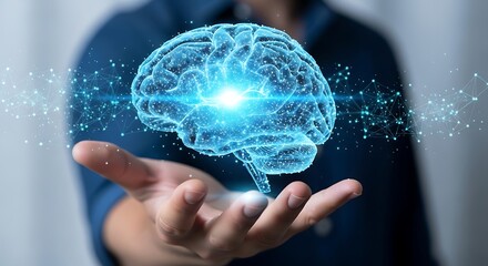 Human Brain Hologram in Hand Depicting Intelligence Artificial Intelligence Neural Networks Cognitive Functions Creative Thinking and Problem Solving Processes