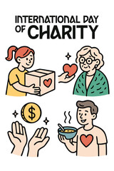 International Day of Charity Poster: International Day of Charity Celebrating Generosity with Donation Boxes, Helping Hands, and Gratitude for Contributions
