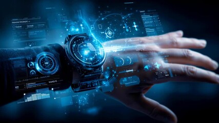 A smart watch on someone's wrist, with digital screens floating around it displaying various AI interface designs and icons - Powered by Adobe