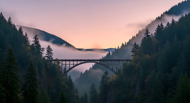 Fototapeta Majestic Bridge Spanning a Foggy Gorge at Dusk Surrounded by Evergreen Forests in the Pacific Northwest USA