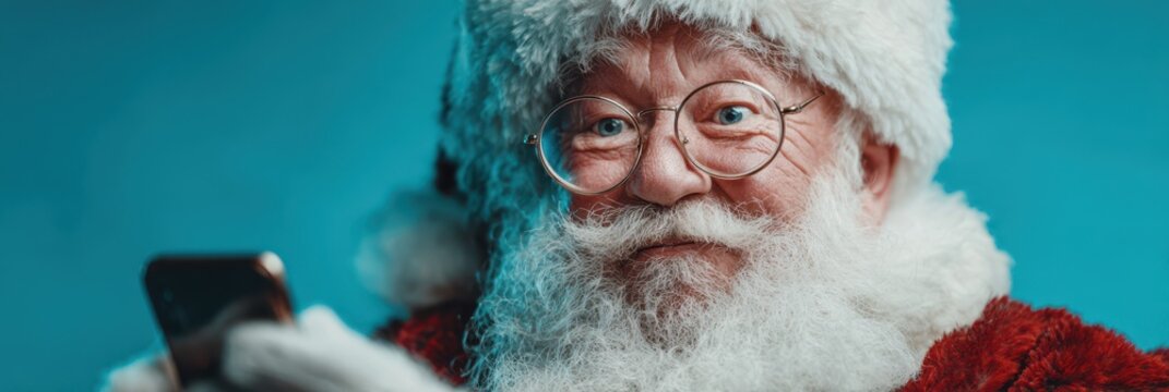 Santa checks his smartphone while smiling against a vibrant blue background during the festive season