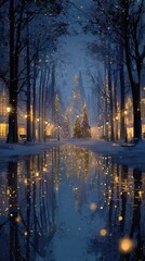 Winter night scene featuring illuminated trees and festive decorations beside a serene waterway