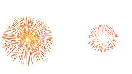 "High-resolution transparent image of vibrant fireworks explosion, golden and pink starbursts bursting mid-air on isolated white background, radial symmetry, festive celebration