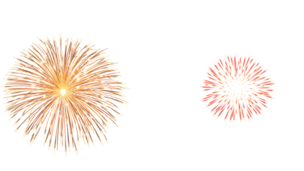 "High-resolution transparent image of vibrant fireworks explosion, golden and pink starbursts bursting mid-air on isolated white background, radial symmetry, festive celebration