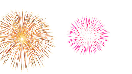 "High-resolution transparent image of vibrant fireworks explosion, golden and pink starbursts bursting mid-air on isolated white background, radial symmetry, festive celebration