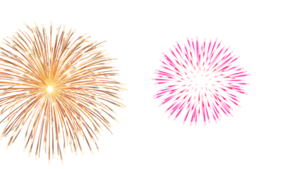 "High-resolution transparent image of vibrant fireworks explosion, golden and pink starbursts bursting mid-air on isolated white background, radial symmetry, festive celebration