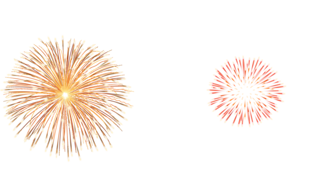 "High-resolution transparent image of vibrant fireworks explosion, golden and pink starbursts bursting mid-air on isolated white background, radial symmetry, festive celebration