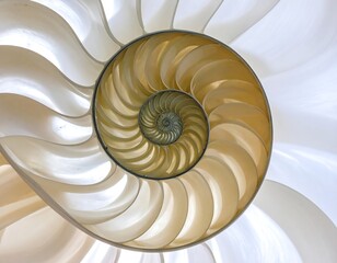 Obraz premium Close-up of a nautilus shell, showcasing its intricate spiral chambers and pearlescent texture