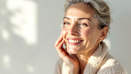 Smiling elderly woman touching her face in soft light at home  