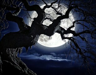 Fototapeta premium Eerie silhouette of a gnarled tree against a luminous full moon