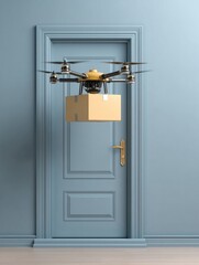 Delivery Drone Hovering Near a Door in a Modern Interior Setting at Daytime