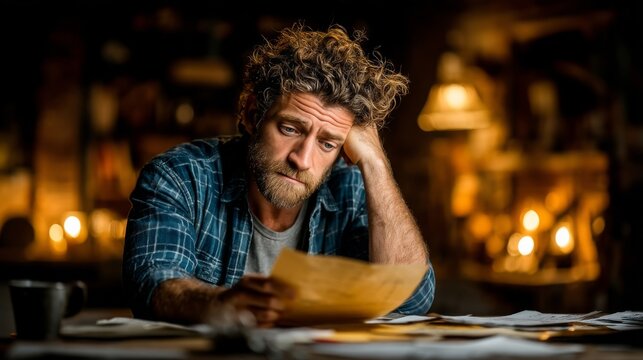 A worried man with curly hair and a beard looks at important documents on a desk in a dimly lit room