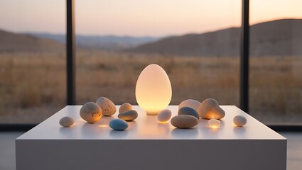 Modern interior design with illuminated egg lamp and decorative stones against a landscape backdrop showcasing natural elegance and minimalist aesthetics