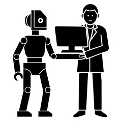 Robot giving computer to person silhouette vector illustration