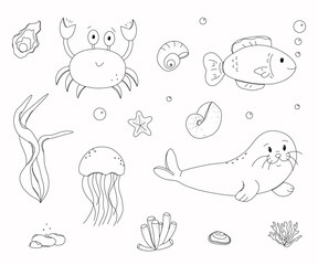 Cute black and white line art illustrations of sea animals and underwater elements. Perfect for kids coloring books, educational materials, and creative projects.