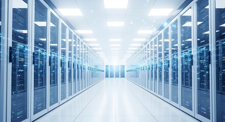 Modern Server Room with Rows of Rack Servers Data Center for Cloud Computing Technology and Information Storage Security System Infrastructure