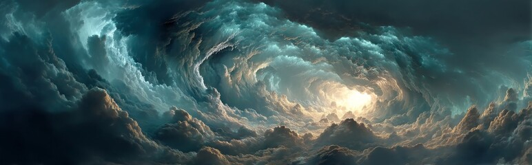 Dramatic abstract view of turbulent teal and dark grey cloud-like formations illuminated by a central golden light