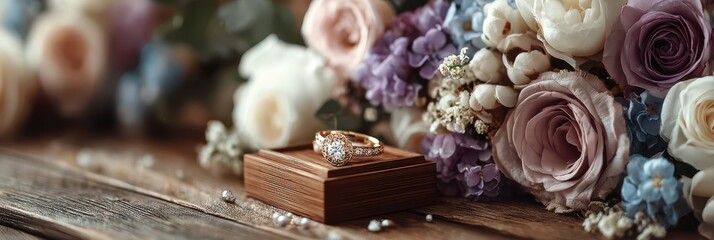 Elegant wedding ring placed on wooden box surrounded by colorful flowers for a romantic celebration