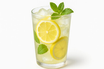 Fototapeta premium Refreshing Lemonade with Ice, Mint, and Lemon Slices on White Background