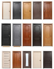 Fototapeta premium Fifteen interior doors, various styles and colors, shown against a white background