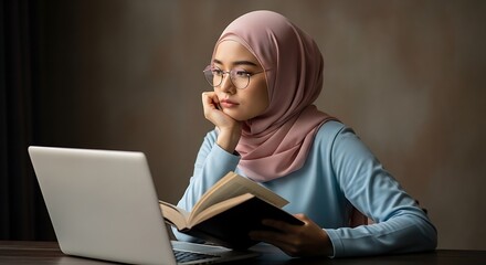 Thoughtful Young Adult Woman Studying with Laptop and Book at Desk