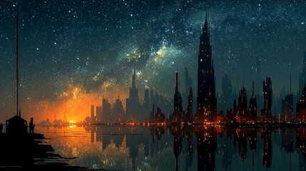 Fototapeta premium A futuristic city skyline illuminated in warm orange and red light reflecting on calm water under a starry night sky with numerous constellations