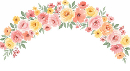 Watercolor floral garland with pink roses, yellow and coral flowers, and green leaves on a white background