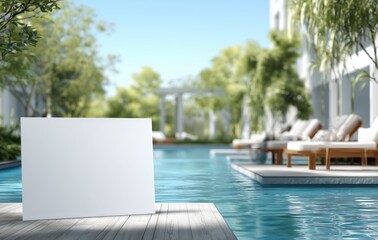 Modern white canvas placed near an elegant pool in a green courtyard under bright daylight


